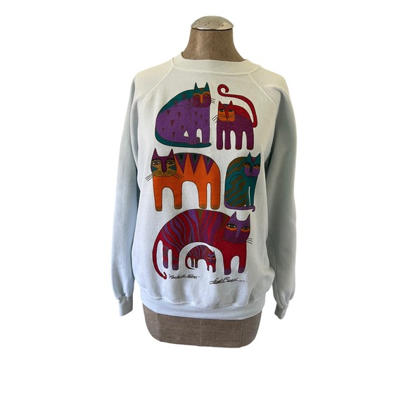 Laurel Burch Tops - Laurel Burch Fantastic Felines Sweatshirt Light Blue Vintage Art Cats Graphic